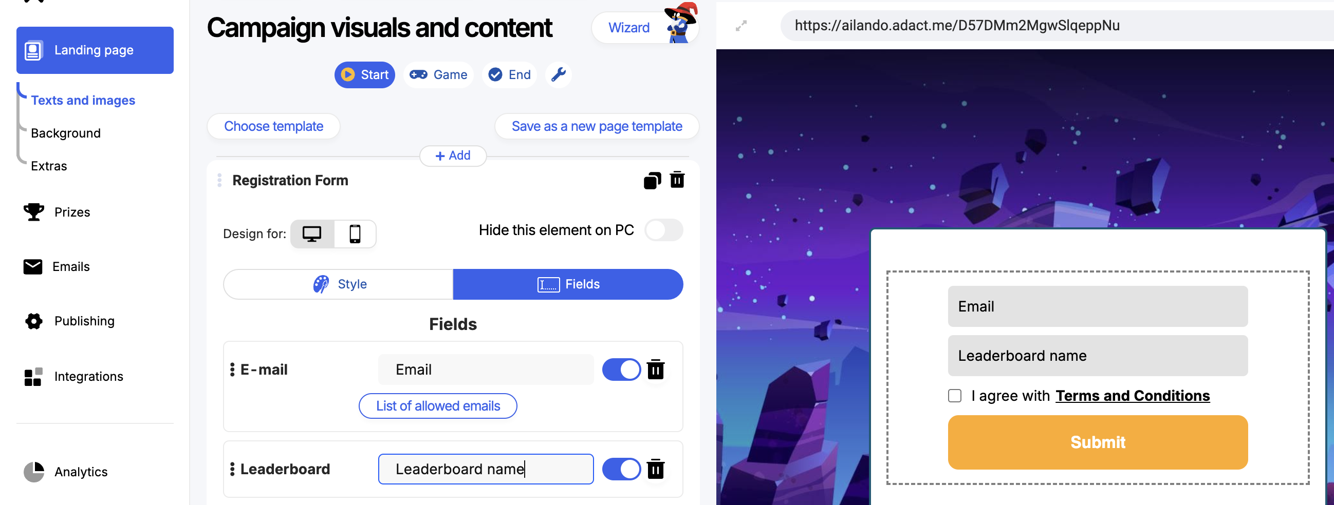 The Leaderboard Name field highlighted in the registration form settings.